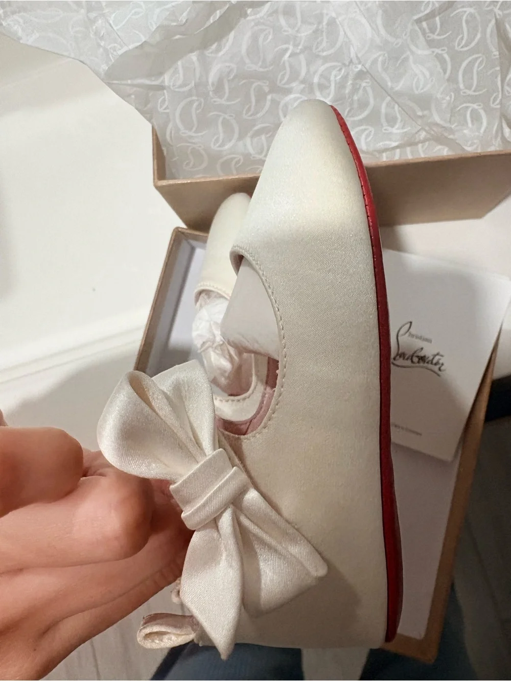 Christian Louboutin Cream Satin Mary Jane Girls' Shoes with Pink Insole and Bow